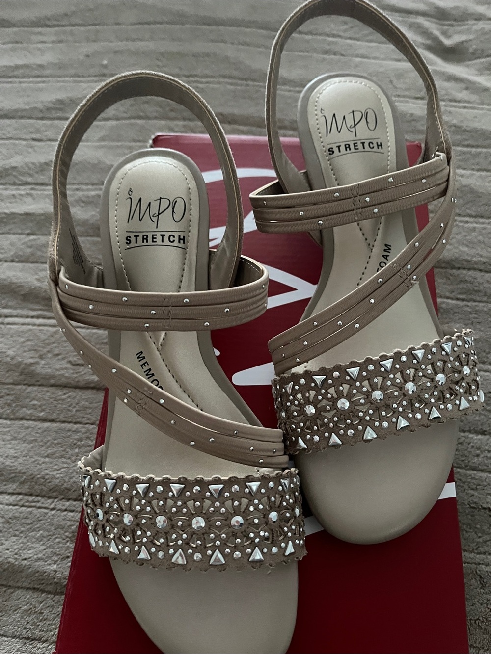 Impo Taupe Jeweled Strappy Memory Foam Sandals